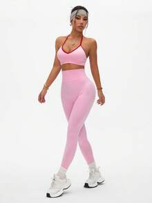SHEIN Sovereign Charm Conjunto de sujetador deportivo sin costuras y ajustable con espalda de tirantes y mallas de yoga de talle alto para mujeres - Rosa - Ver 7