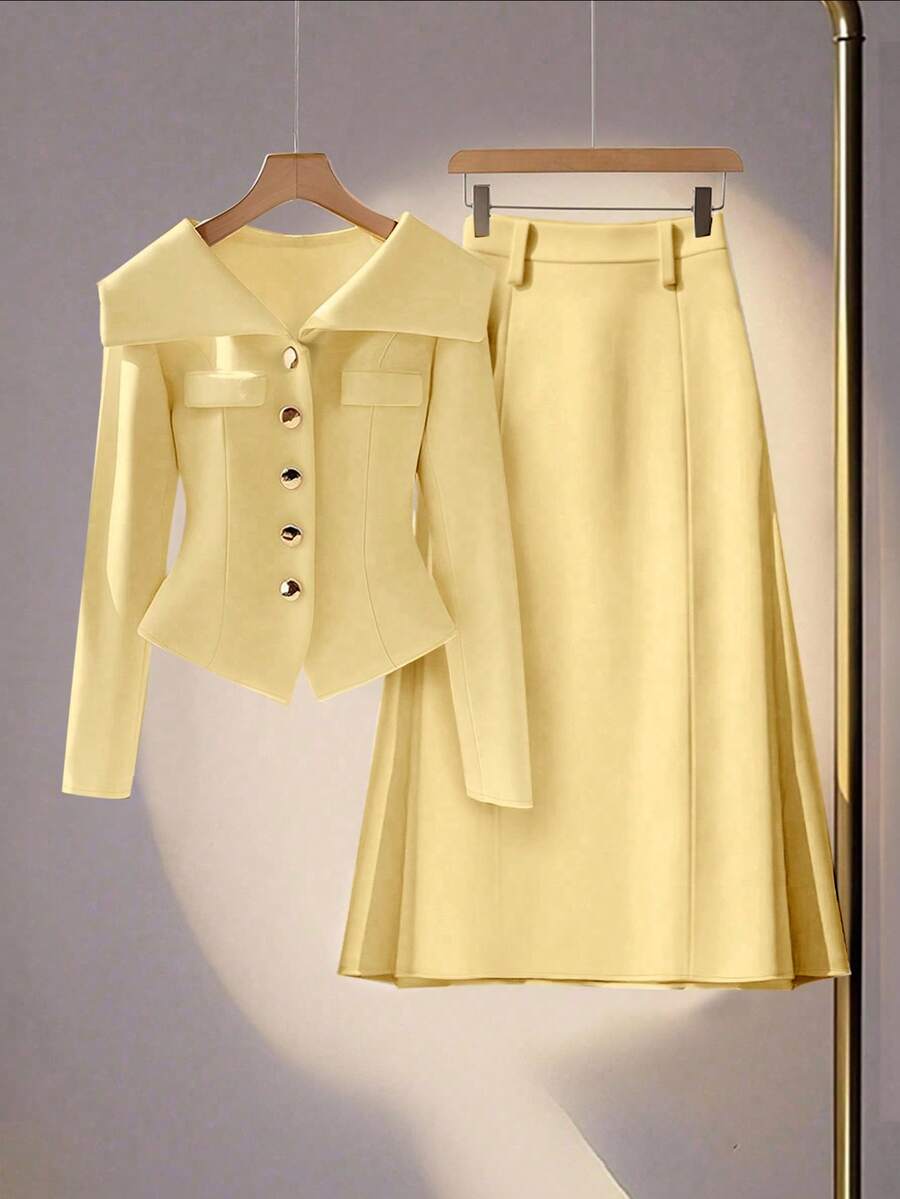 Franclia 女士优雅浪漫通勤披肩领仿口袋装饰门襟金属纽扣 A 字中长裙长袖两件套，秋冬 - 淡黃色 - 查看 1
