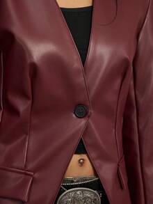 Easelle Women's Solid Color Long-Sleeved Fashionable PU Suit Jacket, Autumn Suit Jacket Button Autumn And Winter Outer Wear 2025pu Jacket - Burgundy - View 8