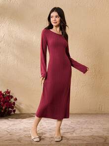 Vestido ajustado de manga larga con lazo decorativo en la espalda, unicolor, para adolescentes - Burdeos - Ver 7