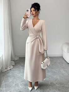 Rafferiza White Autumn Elegant V-Neck Long-Sleeved Dress,Fitted Waist With Circular Accessories,Chic Thanksgiving,New Year's Wear & Dining Party Stylish Dress - Apricot - View 4