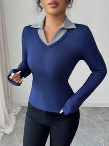 Rafferiza Women's Elegant Contrasting Neckline Splicing Tight Elastic Casual Versatile Fashion Design Long-Sleeved Autumn Fake Two-Piece T-Shirt Ladies Casual T-Shirt Tops Ladies Going Out Tops Bottoming Pullover T-Shirt