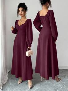 SHEIN LUNE 女士优雅方领泡泡袖收腰长裙，适合日常通勤 - Bold Plum - 查看 2