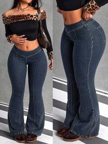 Jeanoix Quần jeans ống loe cạp thấp thường ngày cỡ lớn giặt sạch - Màu xanh lam - Xem 5