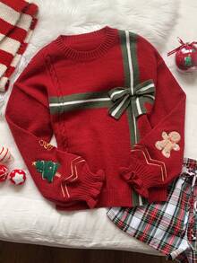 Comfortcana 女式圣诞拼色条纹蝴蝶结装饰毛衣圣诞礼物图案秋冬女装 - 酒紅色 - 查看 1