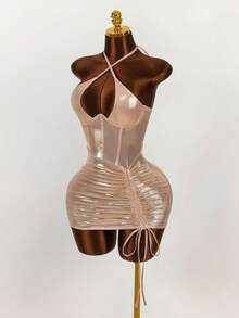 Amplova 女士纯色金属镂空抽绳交叉吊带迷你派对连衣裙 - 藕粉色 - 查看 3