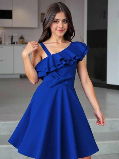 SHEIN Teen Girl's Ruffle Hem Asymmetrical Shoulder Dress