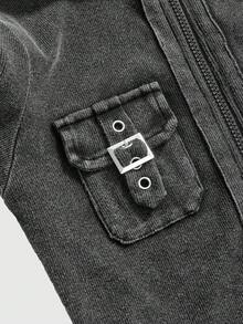 ROMWE Grunge Punk 水洗拉链前工装口袋紧身长袖 - 黑色 - 查看 3