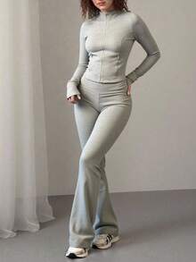 INAWLY 2件套灰色修身长袖上衣和喇叭裤 - 淺灰色 - 查看 3