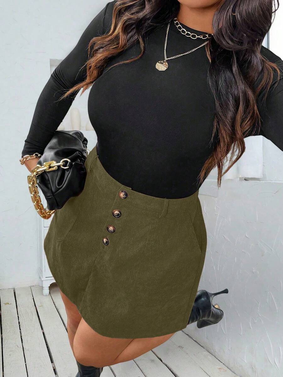 SHEIN LUNE Váy ngắn đơn sắc cài nút phía trước cho nữ cỡ lớn - xanh quân đội - Xem 1