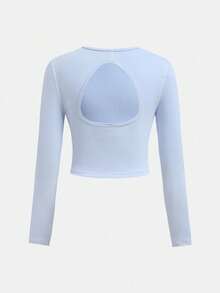 SHEIN 青少年女孩纯色露背长袖 T 恤和紧身裤运动套装，适合日常、户外、休闲运动 - 淺藍色 - 查看 5