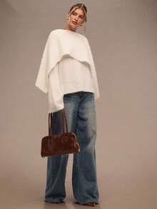 SHEIN BAE 女士经典纯色优雅长袖套头毛衣，适合冬季、秋季、万圣节、圣诞节、新年、感恩节等各种场合穿着。这款白色毛衣宽松舒适，休闲百搭，保暖舒适，是圣诞节的理想之选。也可作为派对上衣或圣诞毛衣穿着。 - 杏色 - 查看 4