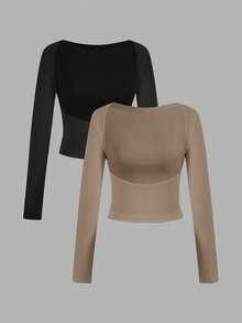 SHEIN EZwear 2pcs Casual Sexy Solid Color Versatile Backless Round Neck Long Sleeve Cropped Fitted Women T-Shirts, Suitable For Spring/Autumn - Multicolor - View 2