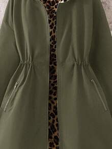 SHEIN 青少年女孩休闲连帽豹纹印花内衬束腰中长款夹克秋冬女童服装 - 軍綠色 - 查看 9