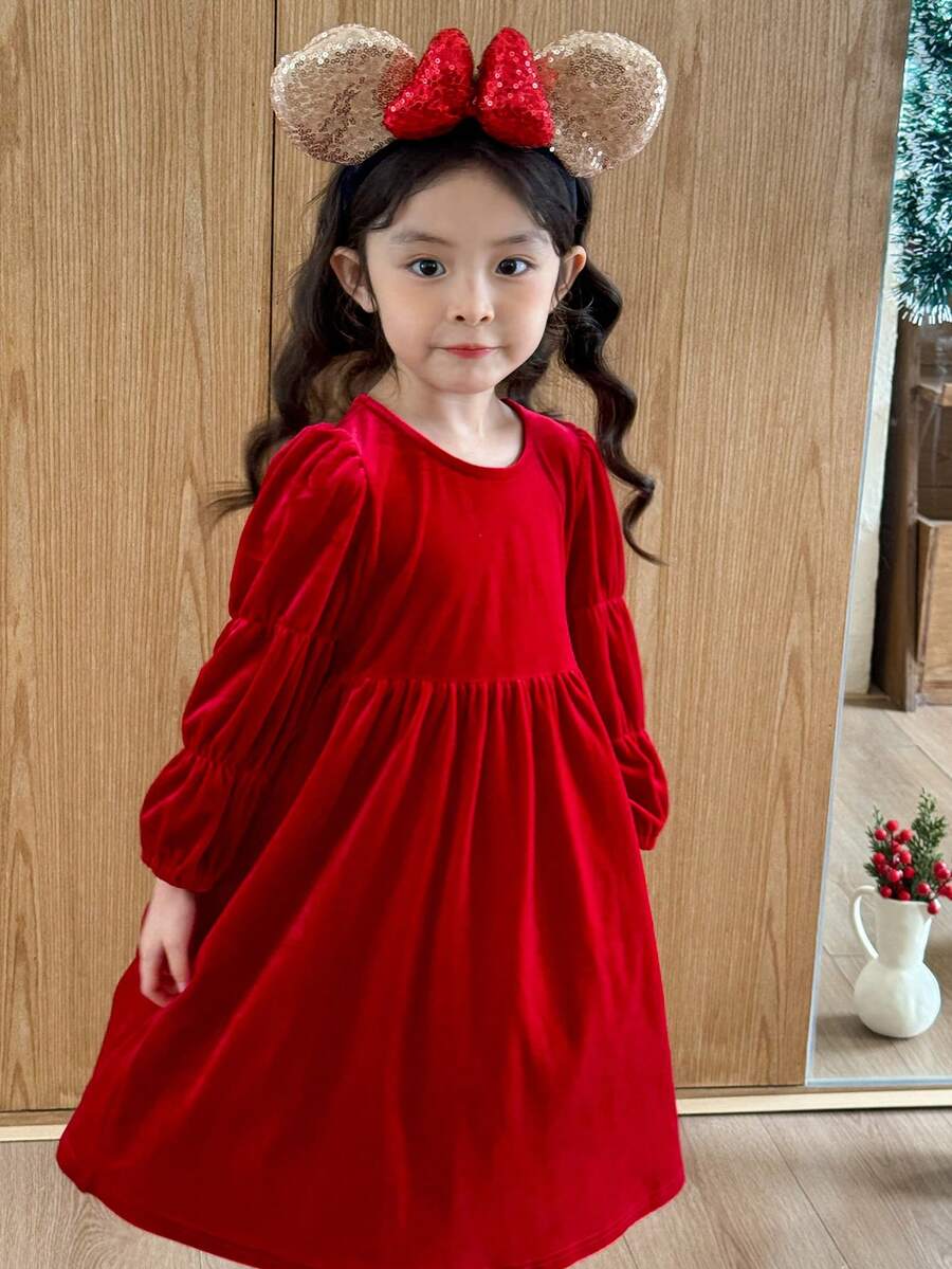 SHEIN Young Girls' Casual Round Neck Puff Sleeve Dress - Red - View 1