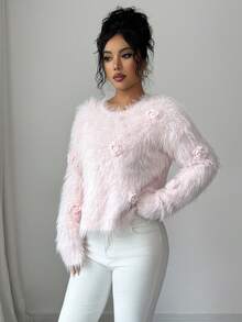 SHEIN Elenzya Women's Elegant Faux Mink Fluffy 3D Rose Flower Long Fur Sweater, Autumn/Winter - Pink - View 3