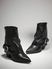 Solezae 魅力女士折叠扣带黑色仿皮 PU 战斗中筒短靴舒适秋冬假日鞋 - 黑色 - 查看 6