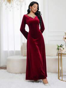 Al Najma Elegant Velvet Long Sleeve Modest Dress, Arabic Style For Women Velvet Dresses Wine Red Dress - Burgundy - View 5