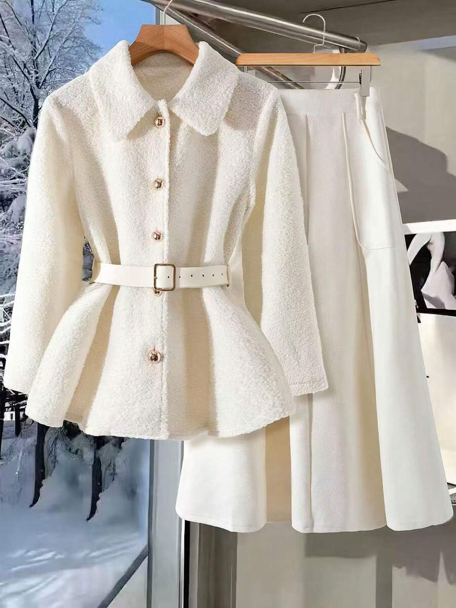 GlowEve 2pcs Teddy Fleece Jacket & Midi Skirt Set, Waist Cinched, Pockets, Commuter Friendly, Versatile, Elegant, Thick, Apricot, Autumn/Winter - White - View 1