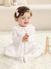 SHEIN Newborn Baby Ruffled Collar Long Sleeve Dress With 3D Butterfly Decor - White - View 1