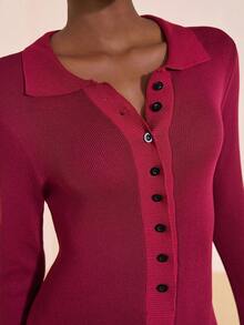 Zivah 2025 秋冬新品 音乐节, 复活节, 圣帕特里克节, 西部风, 游牧风, 生日派对, 毕业典礼, 日常休闲, 百搭百搭, 休闲, 邮轮旅行, 海滩, 日光浴, 病毒式传播, 街头潮流, 婚礼嘉宾, 优雅, 通勤, 早午餐, 机场, V领长袖A字针织长裙, 酒红色 - 酒紅色 - 查看 5