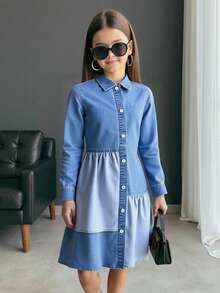 SHEIN Tween Girls Fashion Casual Y2k Vintage Cool Street Returns To School College Short Denim Long-Sleeved Shirt Dress With A Deep And Light Blue Color Contrast Design For Tween Girl Clothes Tween Girls Costume Dailywear And Tween Girl Winter And Fall Rave Outfits Festival And Outfits Streetwear School Clothes
