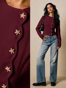 Poéselle Women's Fashionable Commuter Starfish Button Solid Color Shirt,Fall,Fall Clothes For Women - Burgundy - View 2