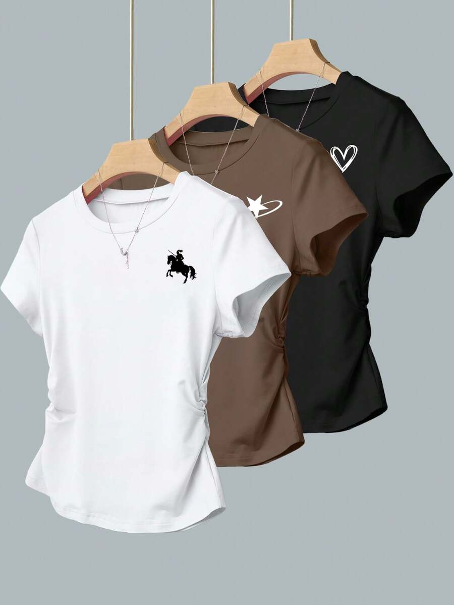 INAWLY 3 Stücke Set Damen Sommer Lässig Grafik T-Shirts, Pferd, Stern, Herz Motiv, Rückkehr zur Schule, Alltags-Outfit, Mode, geeignet für Urlaub, Fotografie, Grafikdesign, Damen T-Shirts