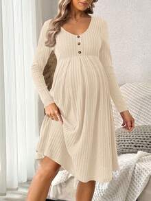 SHEIN Maternity Solid Ribbed Collar Button Front Long Sleeve Dress, Spring/Autumn - Apricot - View 4