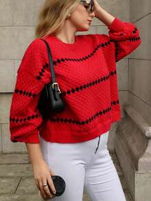 EMERY ROSE Christmas 1pc Women Plus Size Round Neck Contrast Stripe Casual Fashion Drop Shoulder Lantern Sleeve Pullover Sweater - Multicolor - View 5