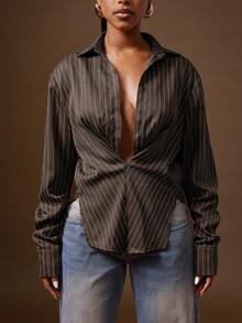 Denimoi Sexy Twisted Front Low Neck Stripe Dress Shirt, Stripe Shirt, Fashionable - Coffee Brown - View 2