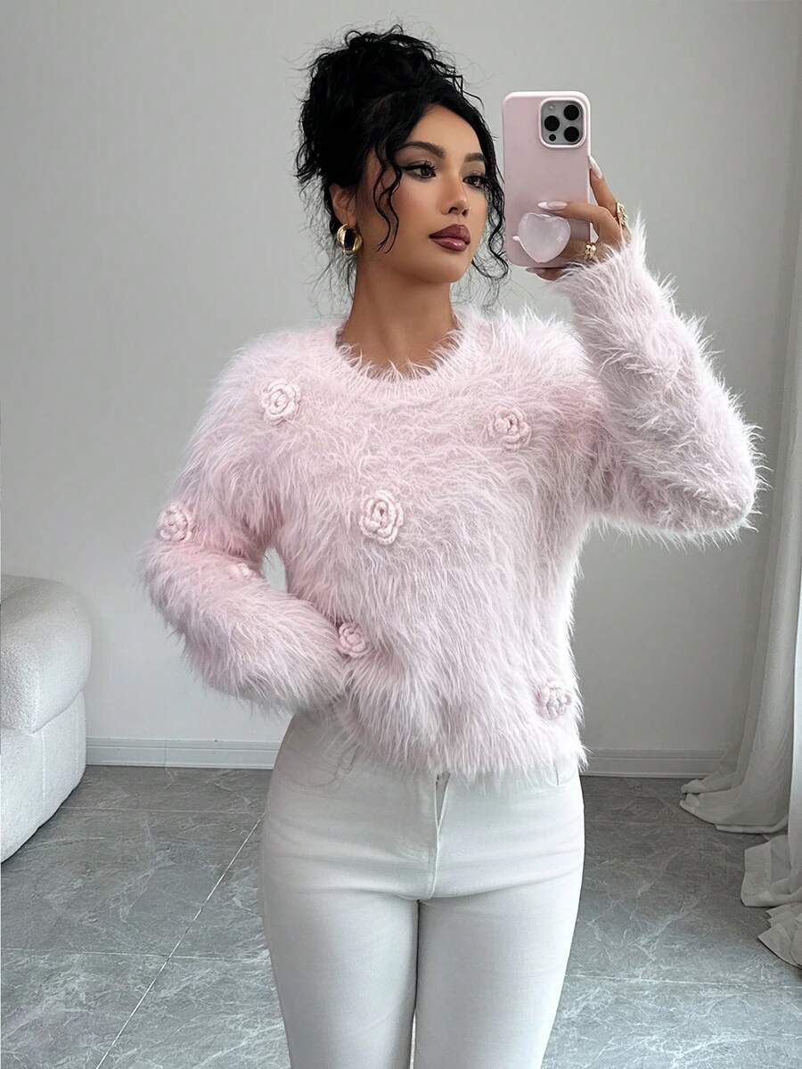 SHEIN Elenzya Women's Elegant Faux Mink Fluffy 3D Rose Flower Long Fur Sweater, Autumn/Winter - Pink - View 1