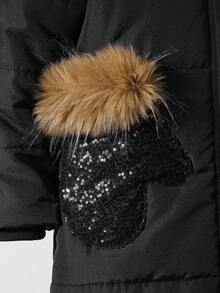 SHEIN 1pc Girls' Pink Hooded Padded Coat With Pockets And Sequin Design, Mid-Length, Suitable For Autumn/Winter - Black - View 3