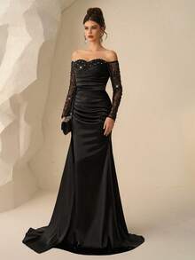 Coutiva 优雅奢华的串珠亮片网眼拼布大腿高开衩荷叶边美人鱼裙，适合婚礼、单身派对、度假、庆典、正式活动（装饰版）、毕业典礼， - 黑色 - 查看 6