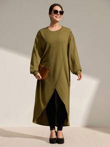 Momelise Christmas Plus Size Casual Asymmetrical Hem Long Sleeve Pullover Dress - Army Green - View 4