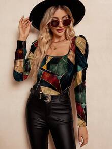 SHEIN Clasi Asymmetrical Pattern Retro Print Square Neck Puff Sleeve Top,,Halloween, Christmas - Multicolor - View 4