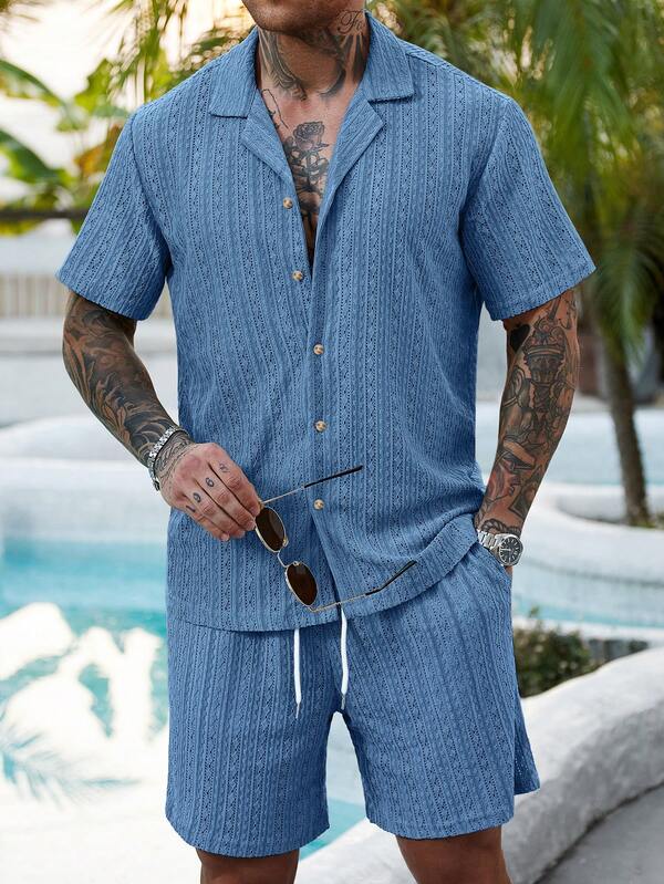 VENTUSAIL 2 Pcs/Set Men's Solid Color Button-Down Hollow Shirt And Shorts Set, Vacation Solid Color Husband Casual Wear, Suitable For Vacation, Seaside Beach, Daily Leisure,Summer Wear Men S Resort Wear Blue Two Pieces Set Men Men Two Pieces Set Summer Men 2 Pieces Outfits Blue Linen Two Pieces Set Men Blue Two Piece Set Men Men Two Piece Set Summer Mens 2 Piece Outfits Blue Mens Baby Blue Short Set