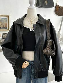 Lalippa 女式休闲纯色 PU 宽松夹克，秋冬 - 黑色 - 查看 2