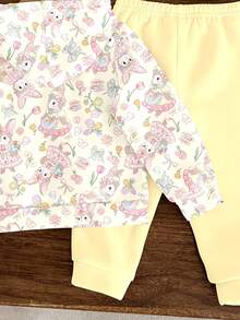 SHEIN 可爱田园兔子和花卉印花、郁金香蝴蝶结印花女婴休闲连帽衫和裤子套装，适合秋冬季、户外野餐、街头风格、家居 - 彩色 - 查看 6