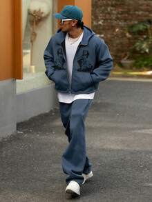 DAZY Gothic Letter Print Zip-Up Hoodie Set, Navy Blue For Men, Autumn - Navy Blue - View 7