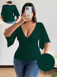 Vionelle Distinctive Sexy Criss-Cross V-Neck Short Sleeve T-Shirt For Women, Summer Design Minimalist Ruched Waist Niche Crop Top Dark Green Top Green Green Top Women Emerald Green Emerald Green Top - Dark Green - View 6