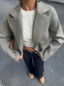 SHEIN Unity 杏色双面缺角领短款大衣，双排扣，带口袋，长袖，时尚百搭，适合通勤、办公、休闲、优雅、复古、学术、日常、约会等场合，女士秋冬款 - 灰色 - 查看 7