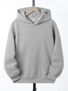 SHEIN Bolty Super Racing 青少年男孩休閒簡約抽象汽車圖案寬鬆長袖冬季衛衣，適合秋季，衣背部設計 - 灰色 - 查看 2