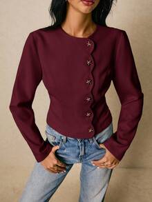 Poéselle Women's Fashionable Commuter Starfish Button Solid Color Shirt,Fall,Fall Clothes For Women - Burgundy - View 3