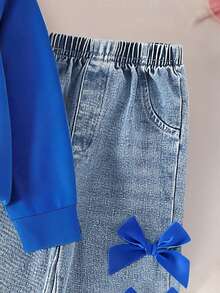 SHEIN Genkimix Kids Bộ quần denim ống đứng lưng thun co giãn, cổ tròn tay raglan màu trơn rộng rãi dễ thương cho bé gái, phù hợp cho bé gái mặc đi học trong mọi mùa - Xanh đậm - Xem 4