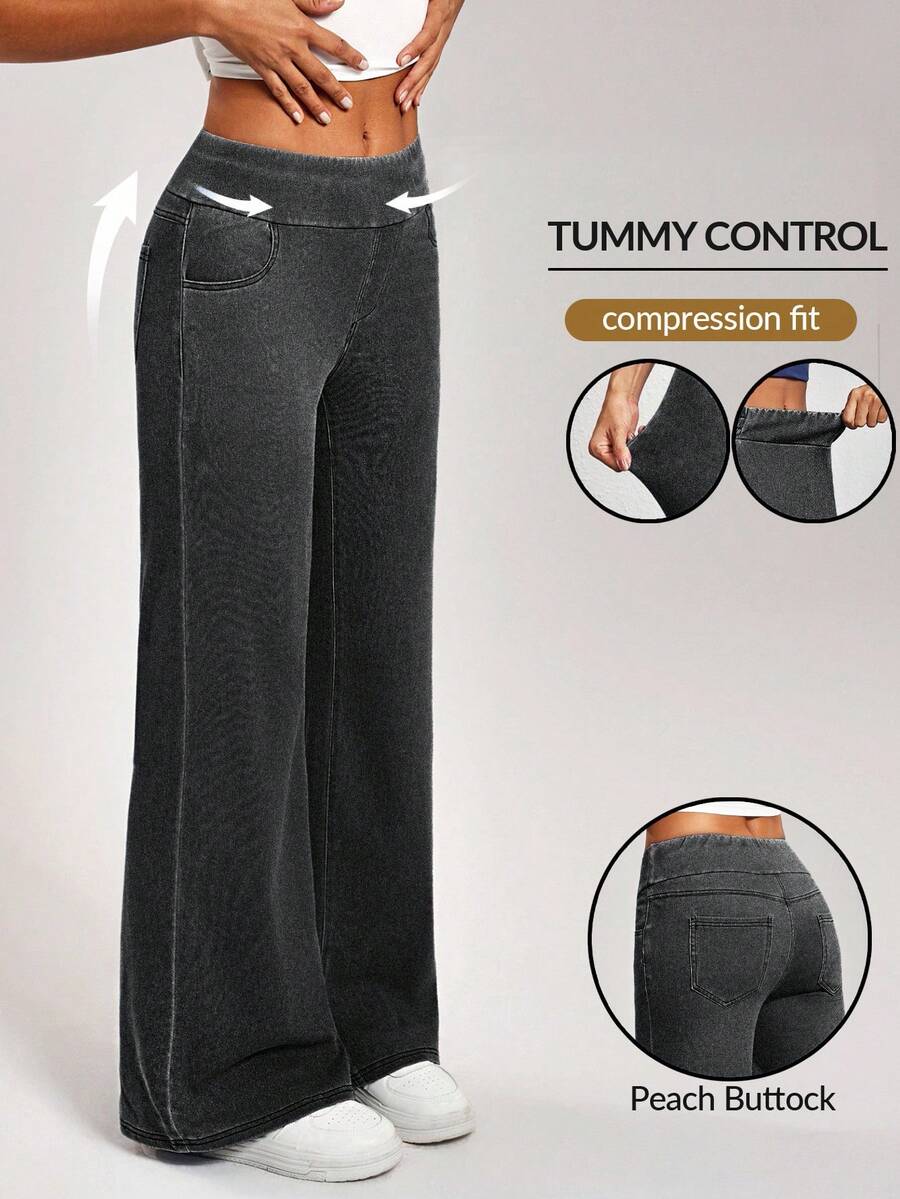 Flexra 女式松紧腰口袋阔腿宽松休闲牛仔裤 - 灰色 - 查看 1