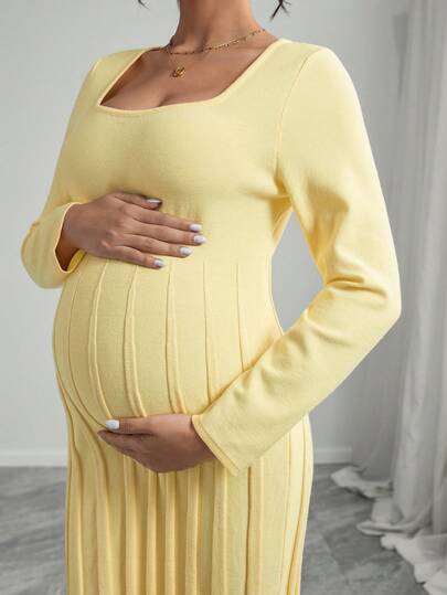Momance Maternity Loose Fit Square Neck Ribbed Flared Hem Long Sleeve Knit Sweater Dress, Comfortable & Elegant