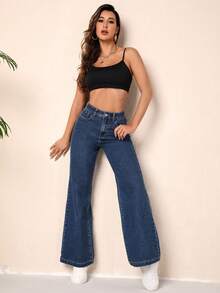 SHEIN Essnce 秋冬休闲水洗阔腿牛仔裤 - 藍色 - 查看 6