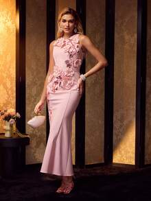 MOTF Soiréza 女士优雅长裙，饰有串珠刺绣和手工 3D 花卉装饰，适合婚礼 - 粉色 - 查看 5
