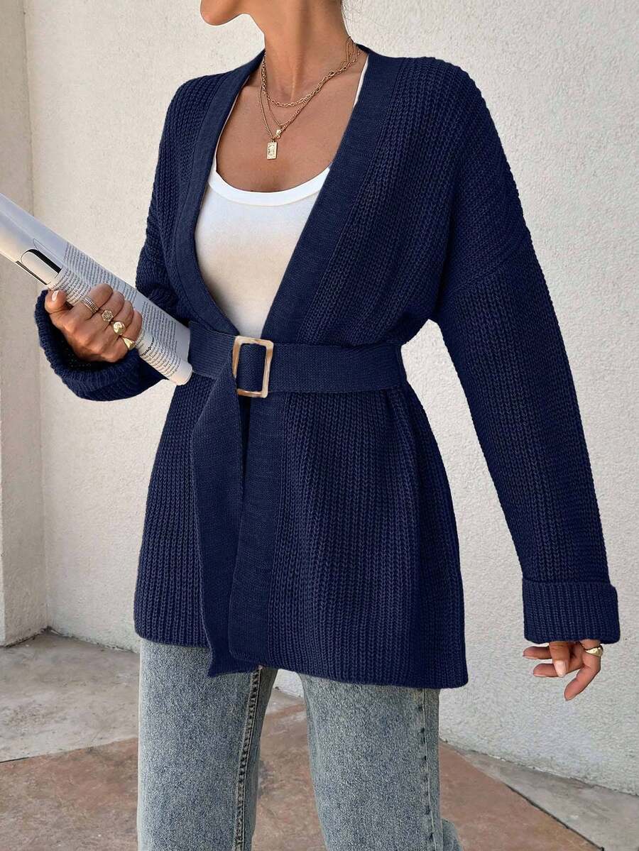EURMUSE Women Oversize Asymmetric Shaped With Belt Detailed Rib Knitted Cardigan - Navy Blue - View 1